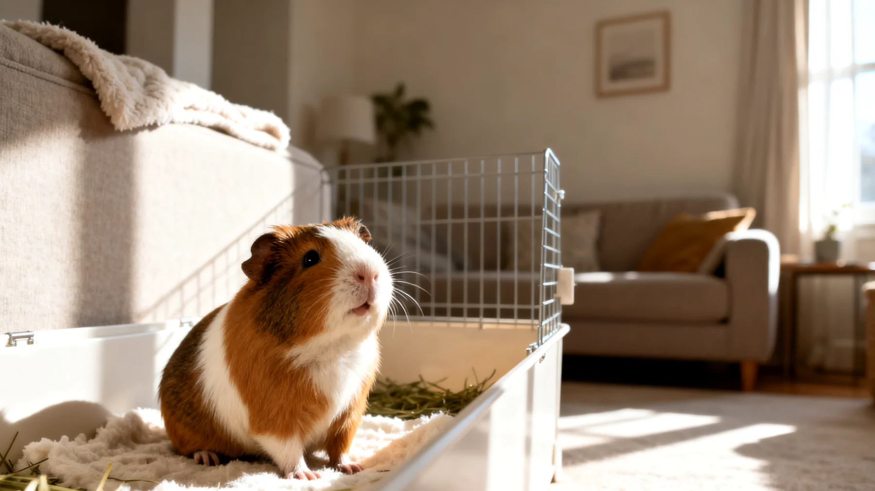 Meerschweinchen in Wohnungshaltung benötigen ausreichend Platz, regelmäßige Käfigreinigung und geeignete Einstreu, um Geruchsbildung zu vermeiden und optimale Hygienebedingungen zu gewährleisten"