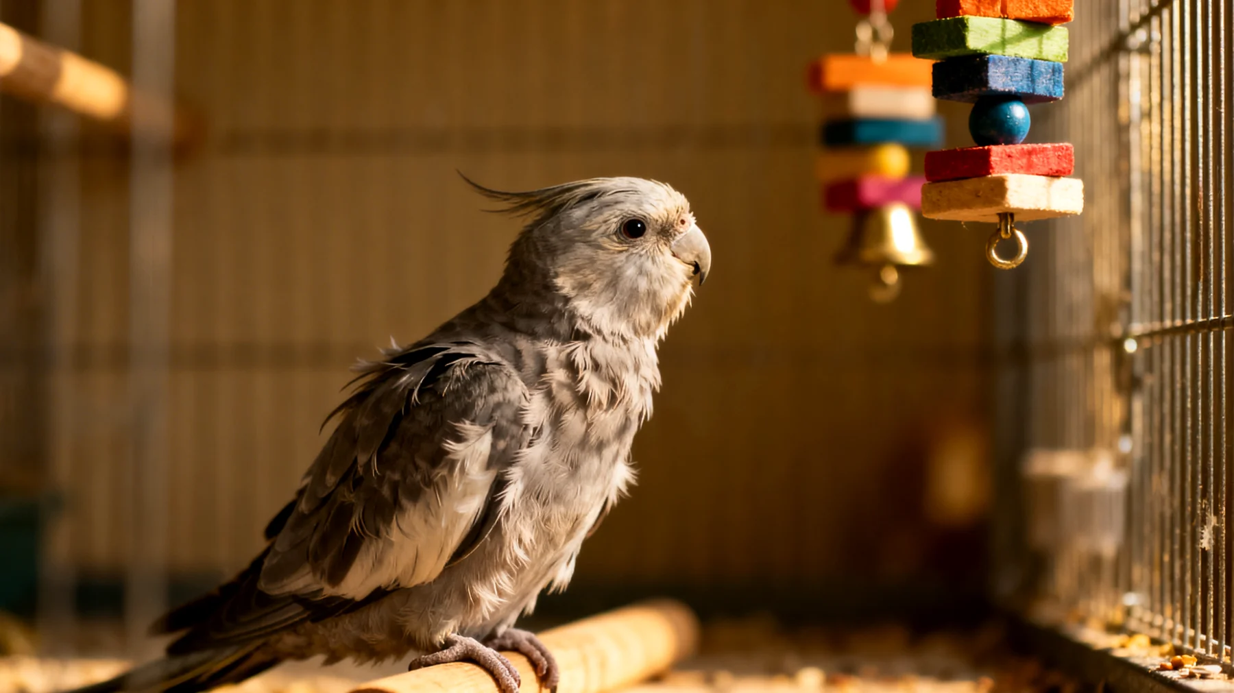 Ältere Nymphensittiche leiden häufig unter Arthritis und verminderter Beweglichkeit, wodurch sie Schwierigkeiten haben, Spielzeug zu erreichen und sich ausreichend zu beschäftigen, was zu Langeweile und Depression führen kann"