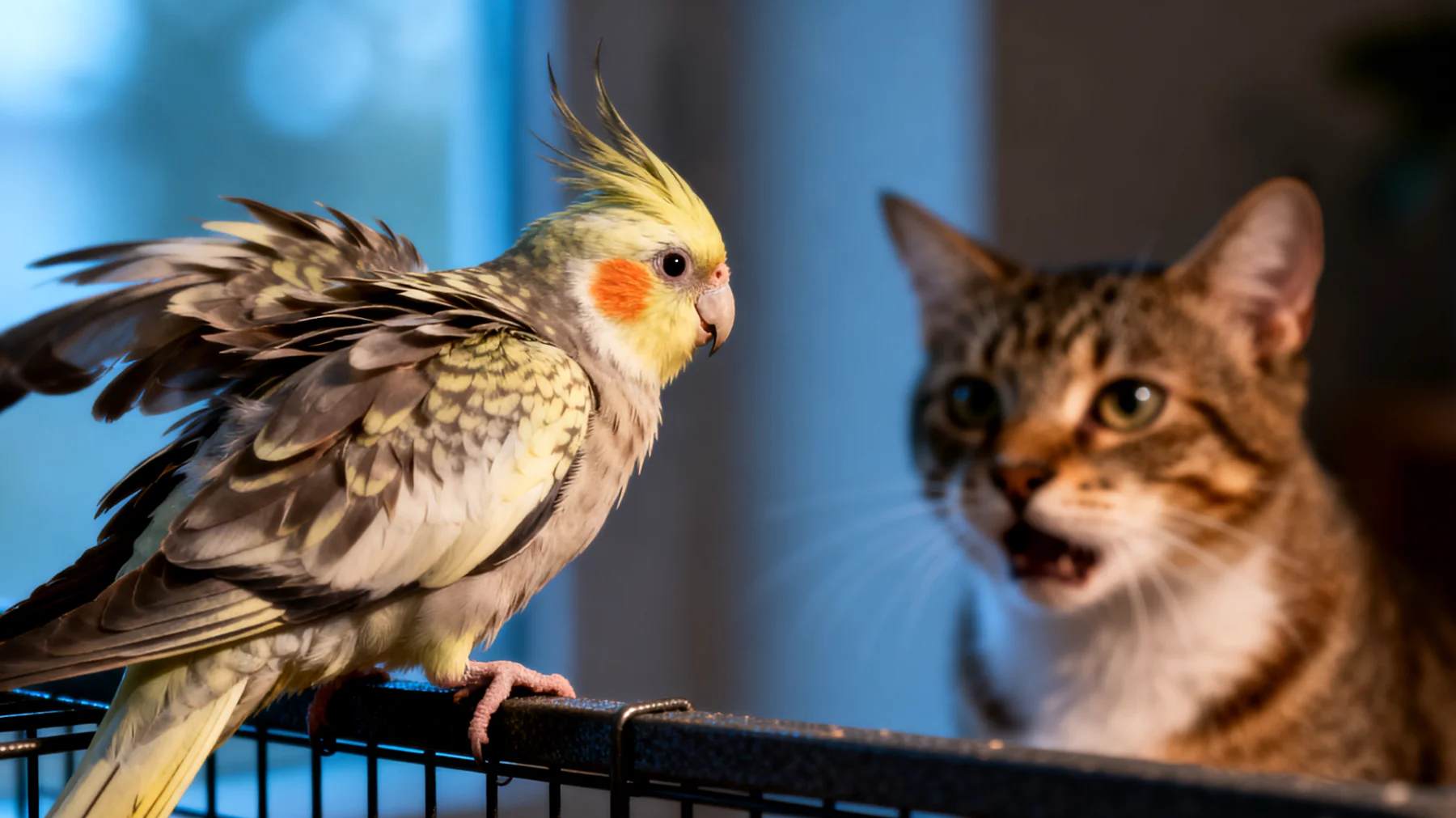 Nymphensittiche zeigen aggressives oder ängstliches Verhalten gegenüber anderen Haustieren im Haushalt, was zu Stress, Federpicken und gefährlichen Situationen führen kann"